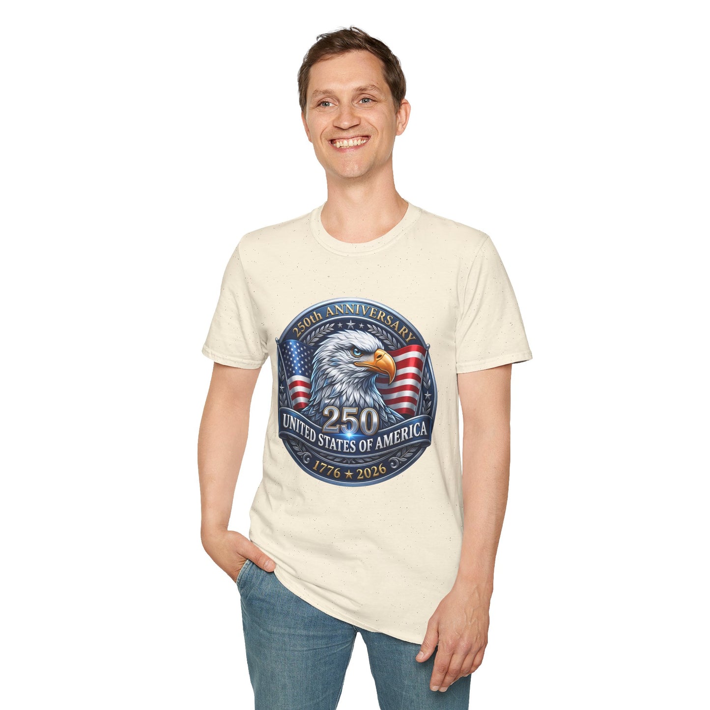 USA Eagle 250th Anniversary T-Shirt by Printify, featuring patriotic eagle and bicentennial design for American Independence celebration.