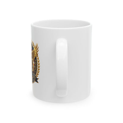 White ceramic mug showing the handle and edge of the 250 Years eagle crest design, back view on a white background