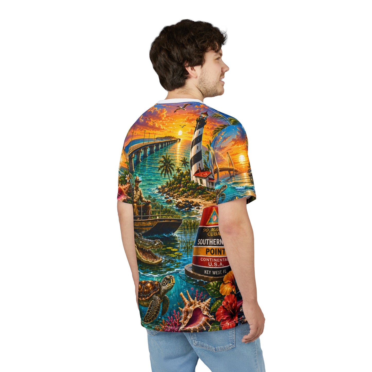 Florida vintage postcard printed T-shirt by Printify featuring colorful all-over vacation-themed design on soft fabric.