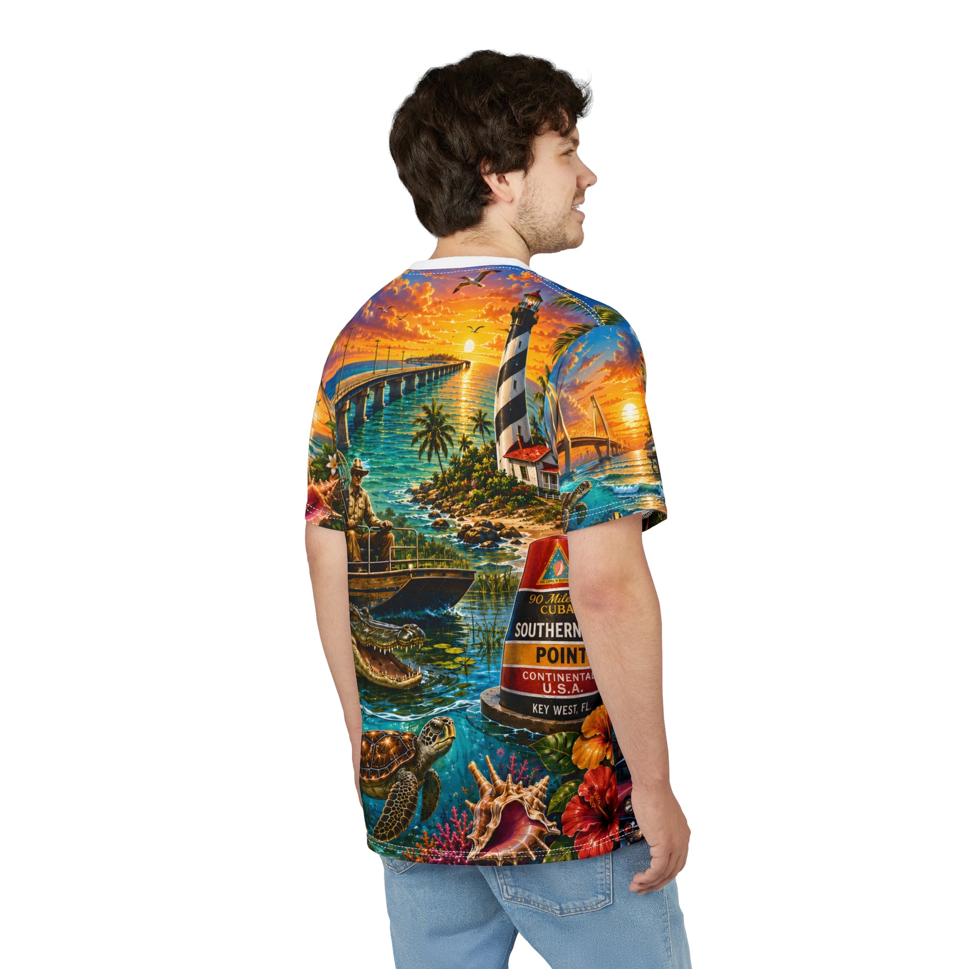 Florida vintage postcard printed T-shirt by Printify featuring colorful all-over vacation-themed design on soft fabric.