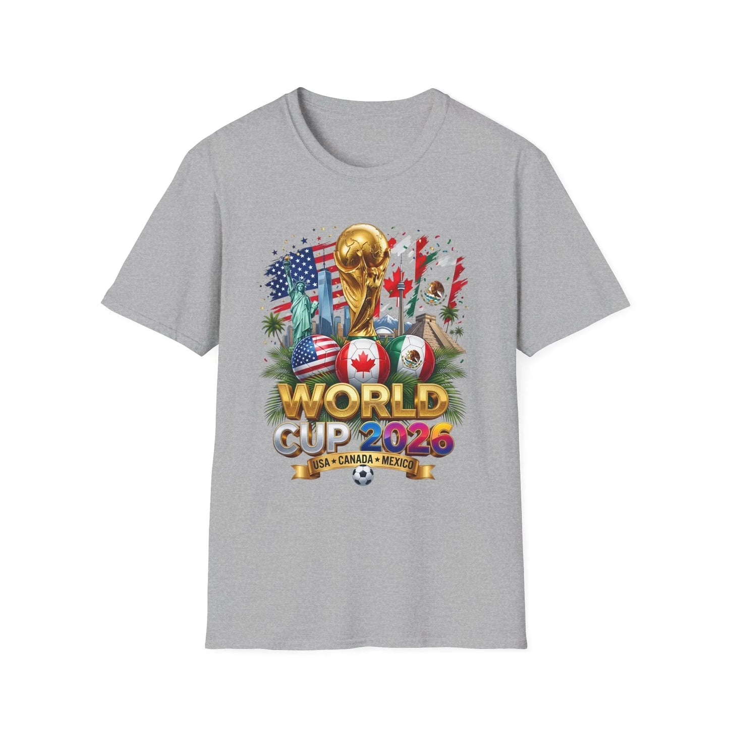World Cup 2026 trophy and flags design on a heather-gray t-shirt, flat product shot