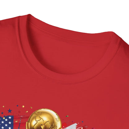 Printify T-shirt featuring World Cup 2026 trophy design with USA, Canada, and Mexico flags on a white background.