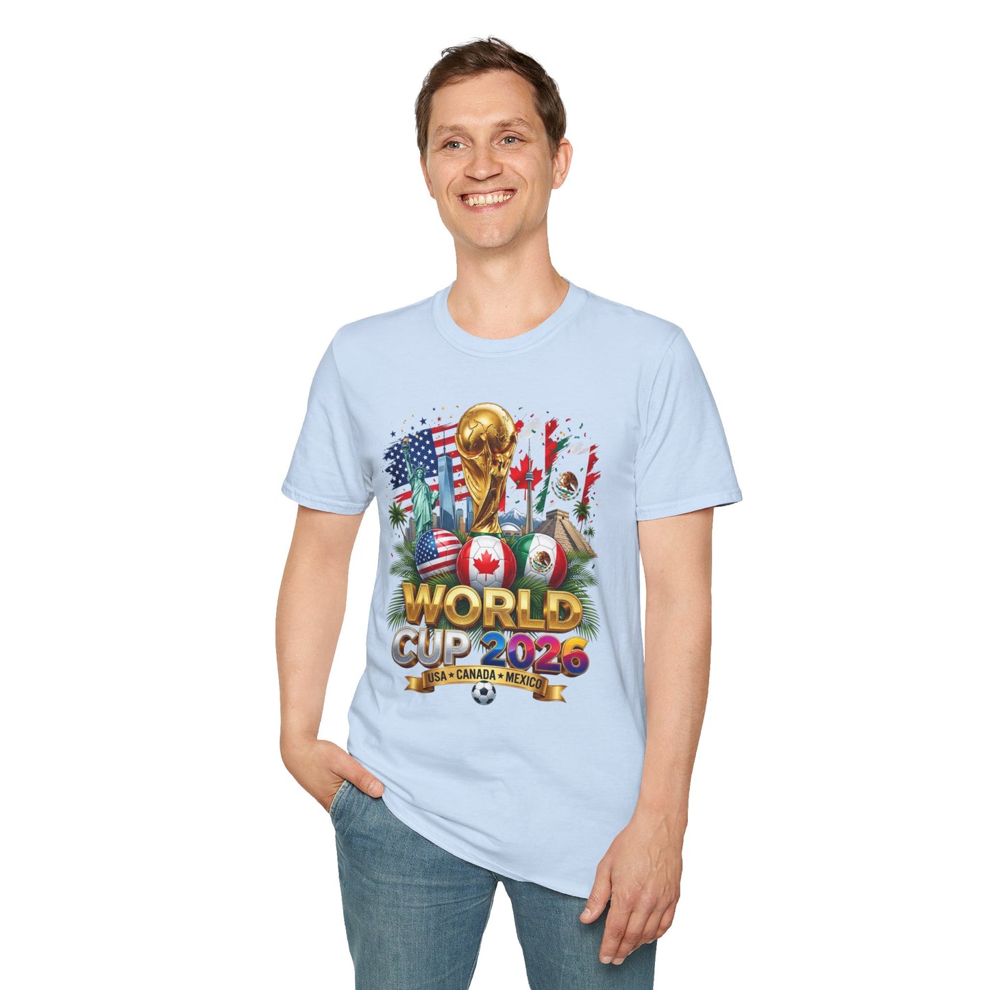 T-Shirt — World Cup 2026 Trophy Design with USA, Canada & Mexico Flags