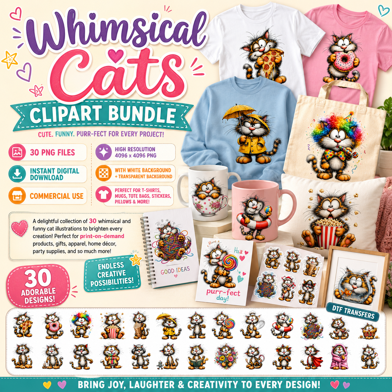 Cute cat clipart bundle featuring whimsical kitten illustrations for nursery decor, kids' crafts, and digital download projects.
