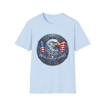 250th anniversary USA eagle design on a light blue t-shirt, plain front product shot
