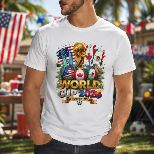 T-Shirt — World Cup 2026 Trophy Design with USA, Canada & Mexico Flags