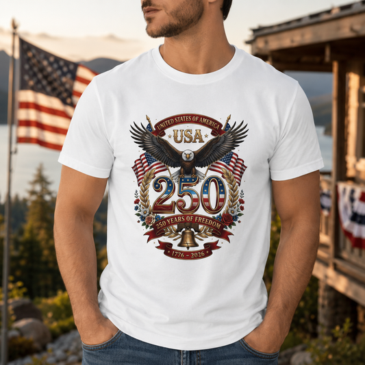 USA Eagle 250 Anniversary T-Shirt — Patriotic American Flag Tee 4 of July USA Independence Day