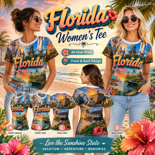 Florida all-over-print women's tee promo collage showing front, back and worn views with tropical sunset design and hibiscus