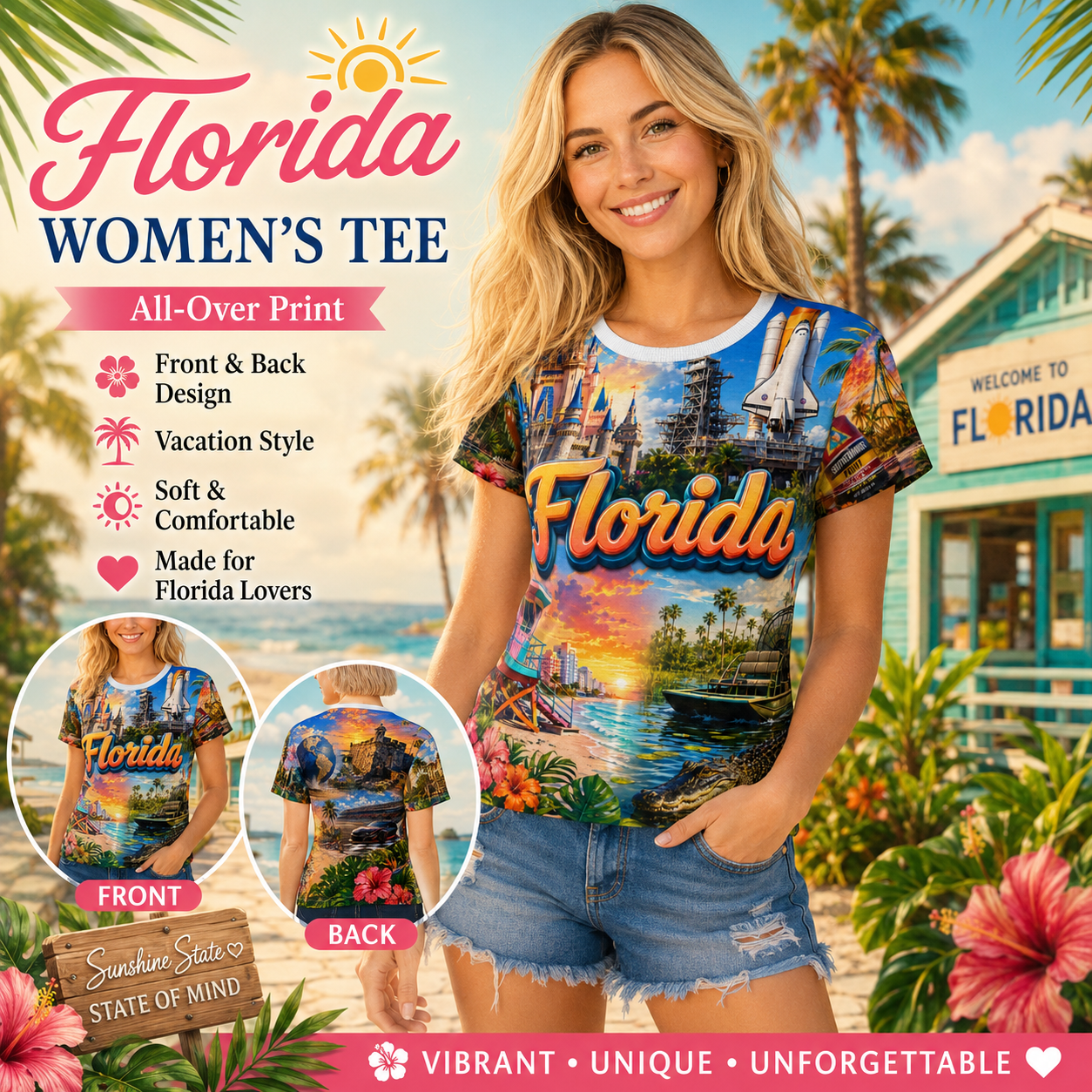 Florida women's all-over-print tee feature graphic, model wearing it on the beach with front and back design insets