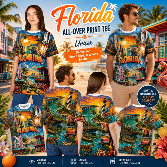 Florida Vintage Postcard Tee by Printify, all-over print vacation T-shirt featuring retro postcard design and tropical Florida imagery.