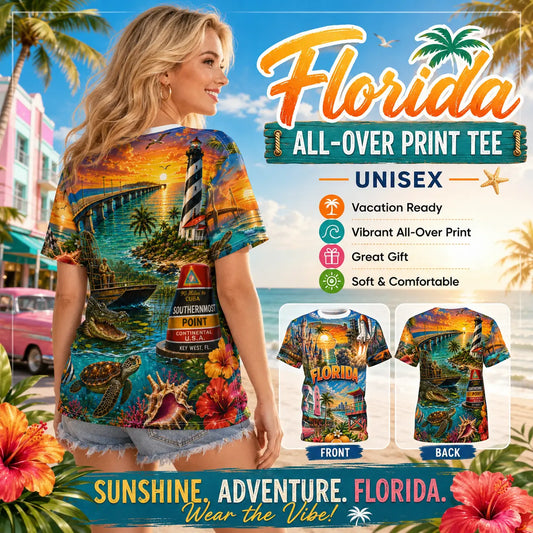 Florida Vintage Postcard Tee by Printify featuring all-over vintage postcard print on a casual vacation-themed T-shirt.