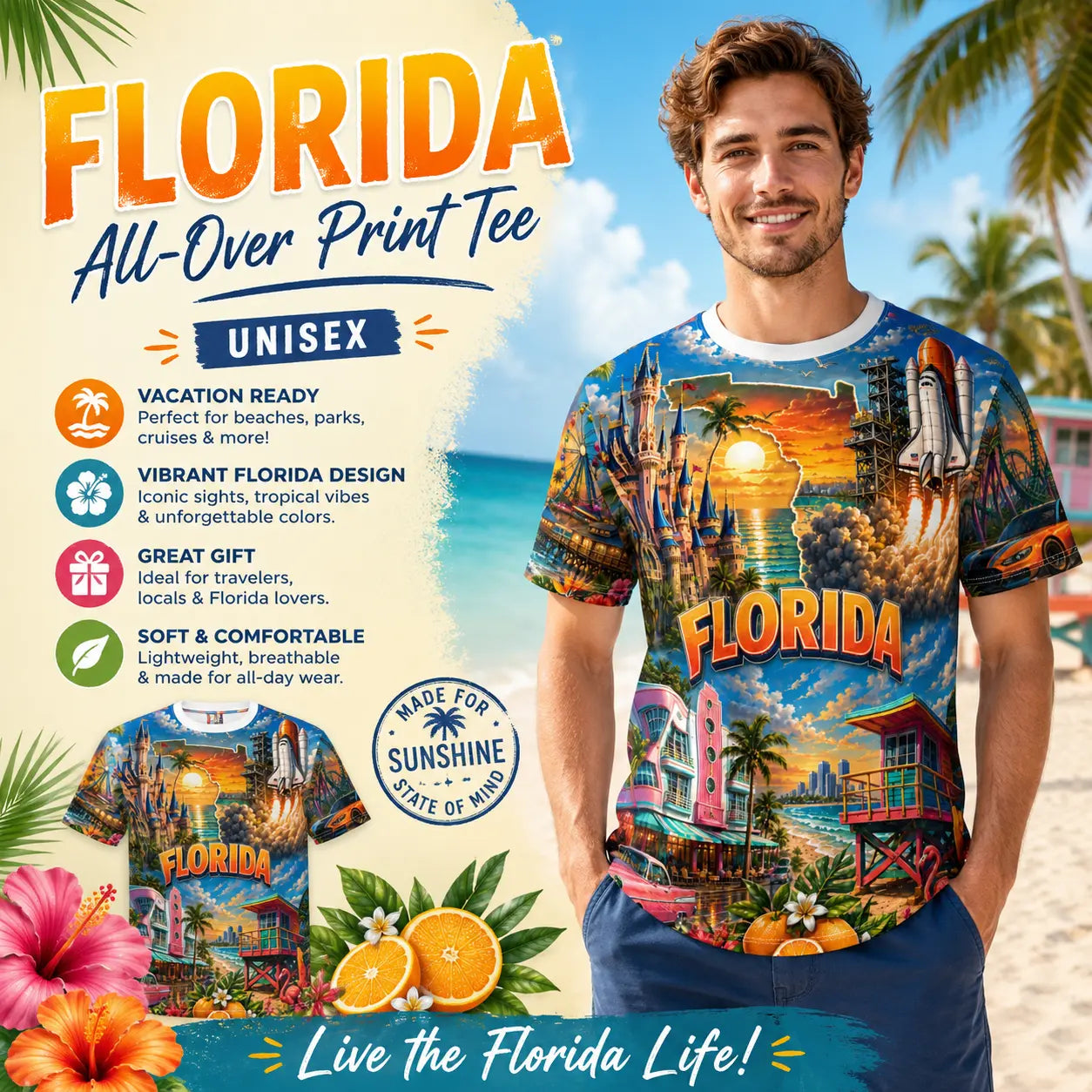 Florida Vintage Postcard Tee by Printify featuring all-over vintage postcard print on a casual vacation T-shirt.