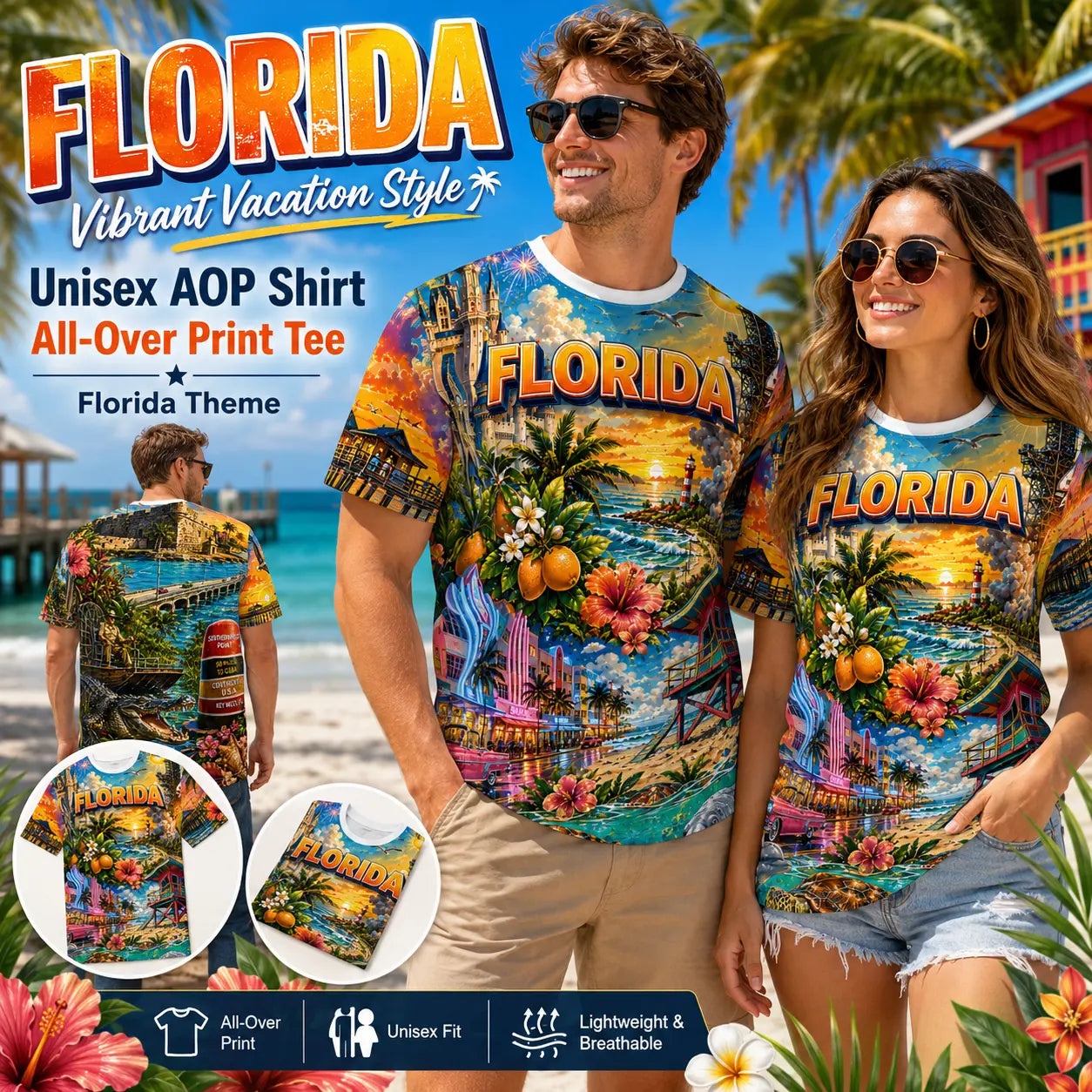 Promo graphic for the Florida vacation all-over-print tee, worn by a smiling man on a beach