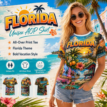 Promo graphic for the Florida AOP tee highlighting all-over print and vacation style, woman on a beach
