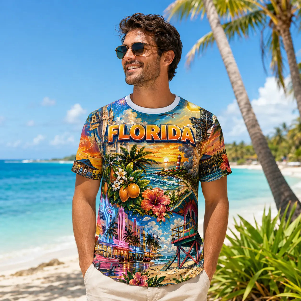 Man on a beach wearing the vintage Florida sunset orange-grove all-over-print t-shirt