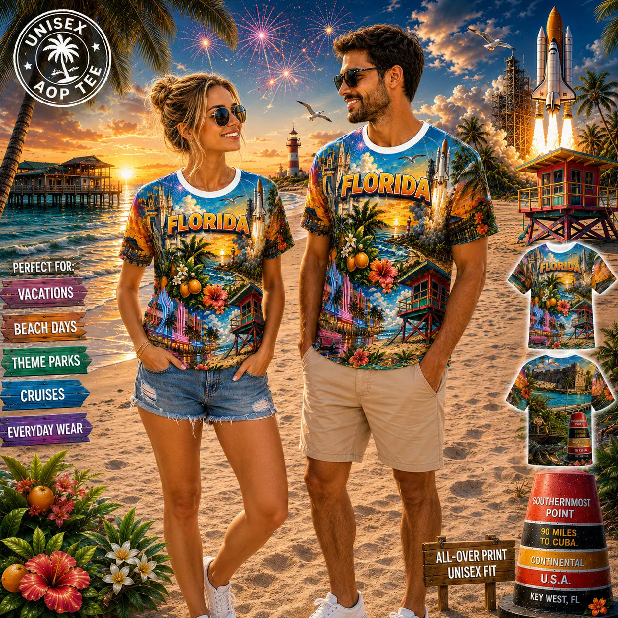 Florida sunset beach print tee worn by a couple at the shore, promo with feature callouts