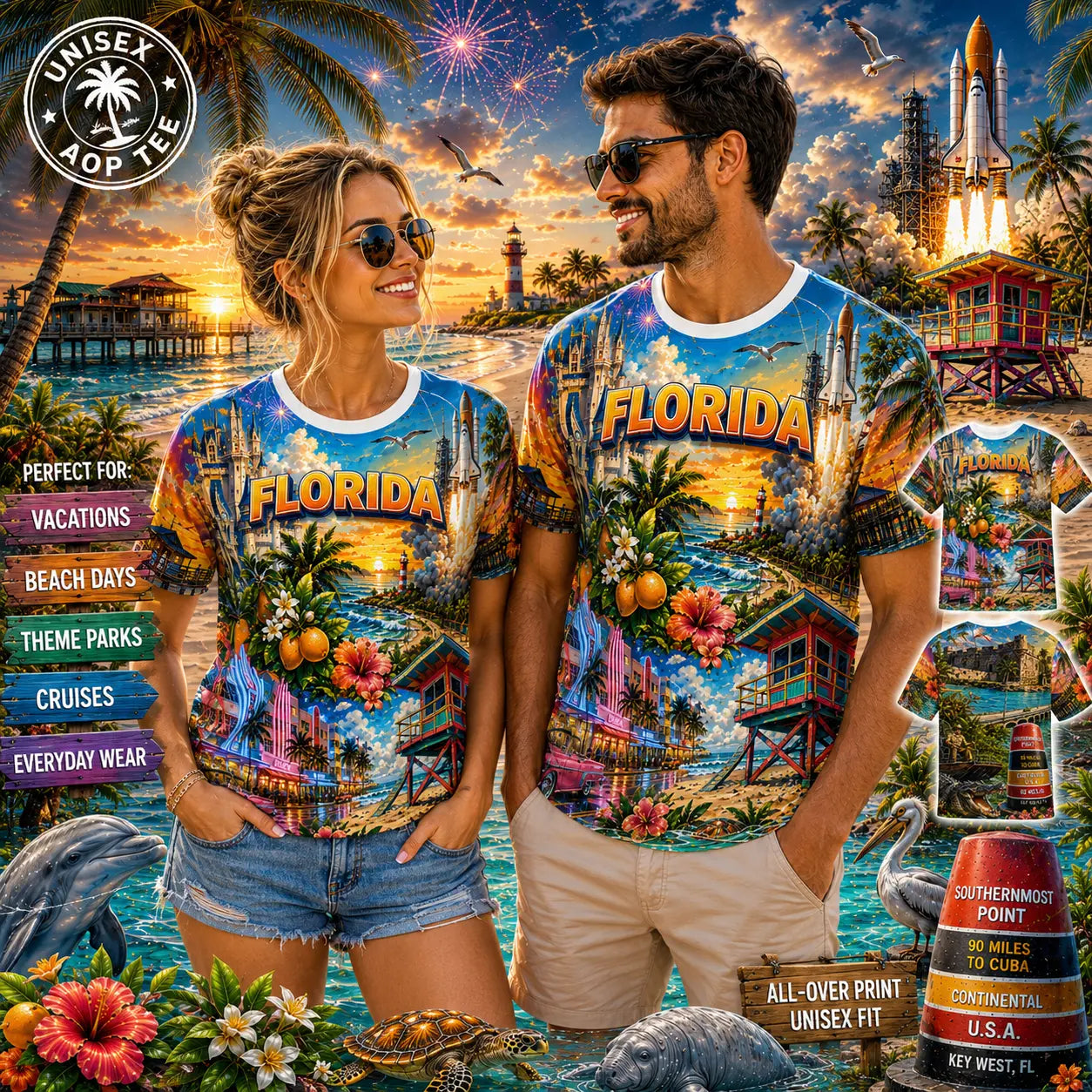 Vintage Florida tropical beach sunset all-over-print tee worn by a couple on a lifestyle promo backdrop