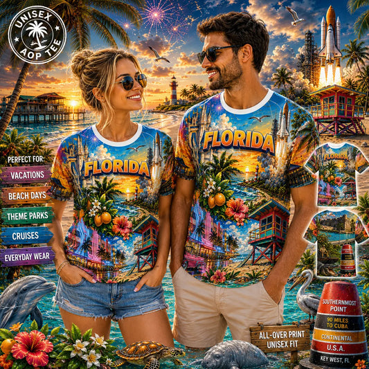 Vintage Florida tropical beach sunset all-over-print tee worn by a couple on a lifestyle promo backdrop