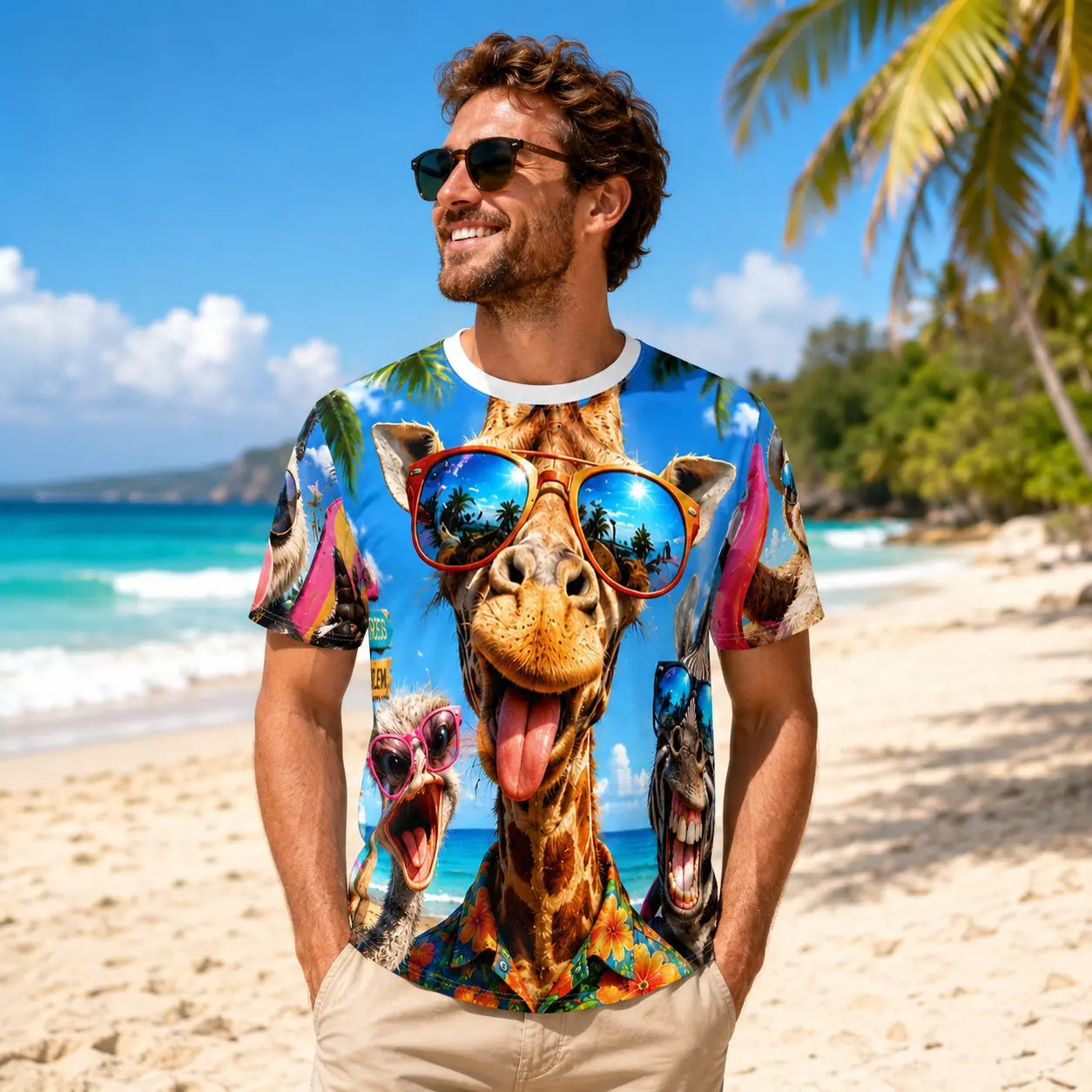 Funny summer animal beach T-shirt featuring giraffe and friends sunglasses all-over print by Printify, casual summer tee for animal lovers.