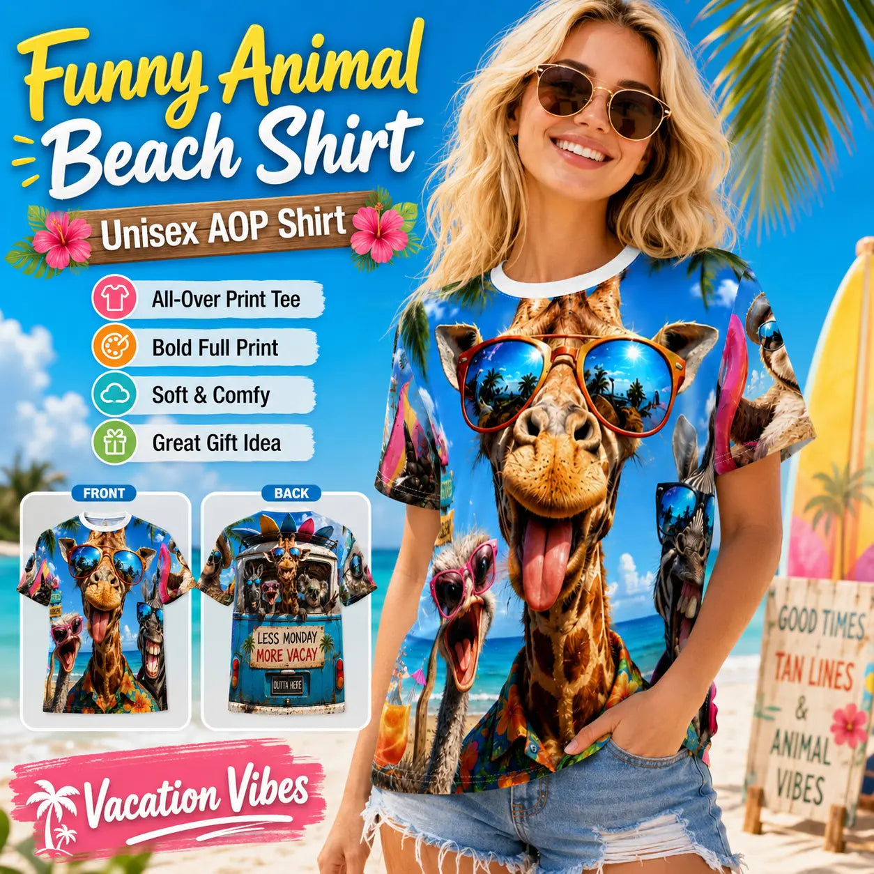 Funny summer animal beach T-shirt featuring giraffe and friends with sunglasses, all-over print design by Printify.