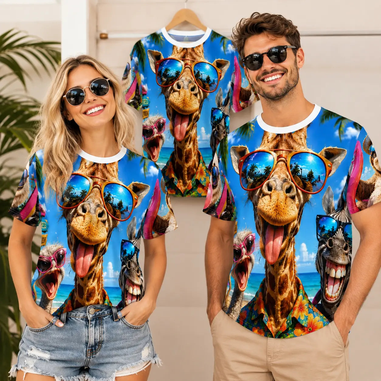 Funny summer animal beach T-shirt featuring giraffe and friends with sunglasses, all-over print design by Printify.