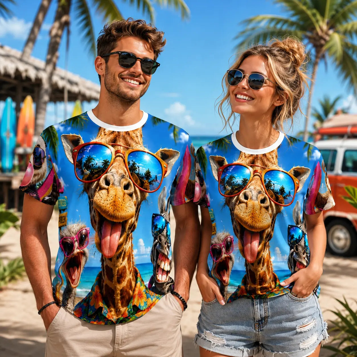 Funny summer animal beach T-shirt featuring giraffe and friends with sunglasses, all-over print design from Printify.