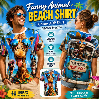 Funny summer animal beach T-shirt featuring giraffe and friends sunglasses all-over print on a colorful tee by Printify.