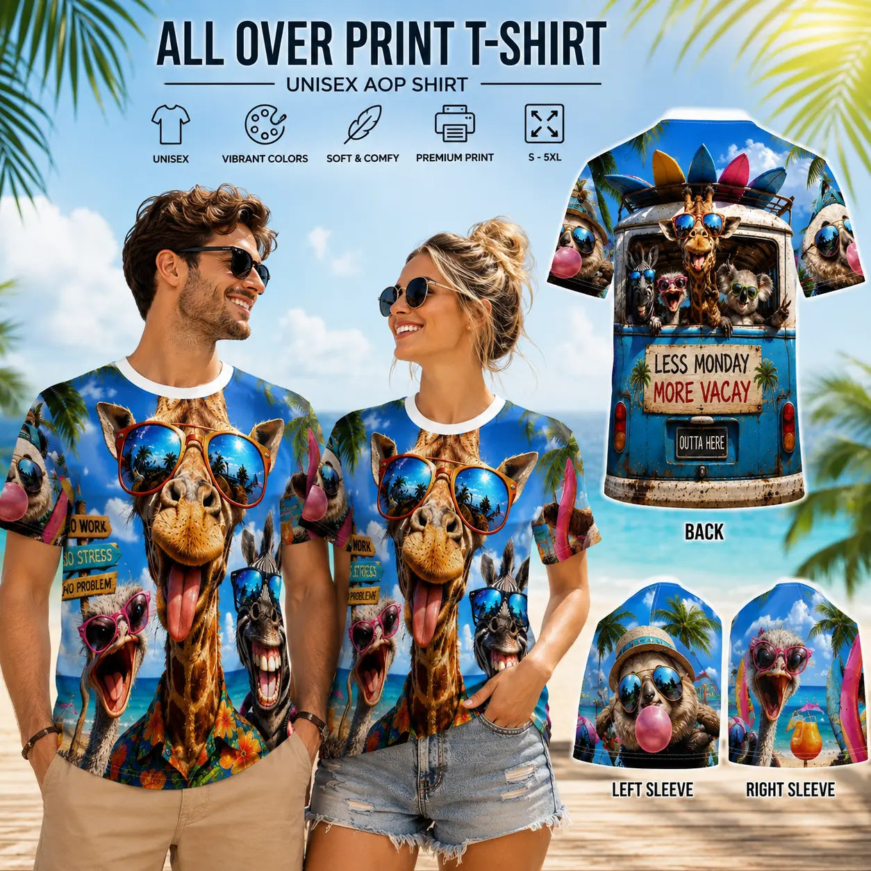 Funny summer animal beach T-shirt featuring giraffe and friends with sunglasses, all-over print design by Printify.