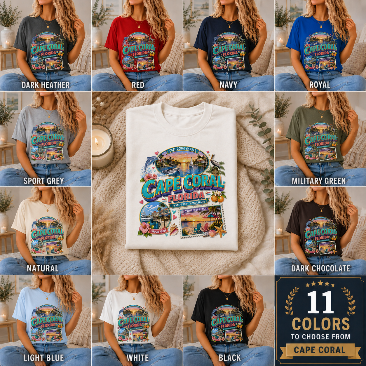 Unisex Cape Coral Waterfront Wonder Florida beach vacation t-shirt with nautical design and colorful coastal scene.