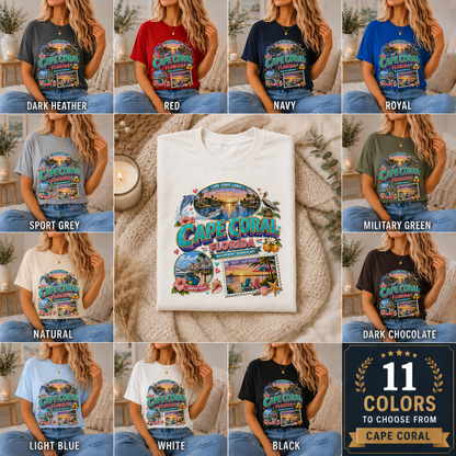 Unisex Cape Coral Waterfront Wonder Florida beach vacation t-shirt with nautical design and colorful coastal scene.