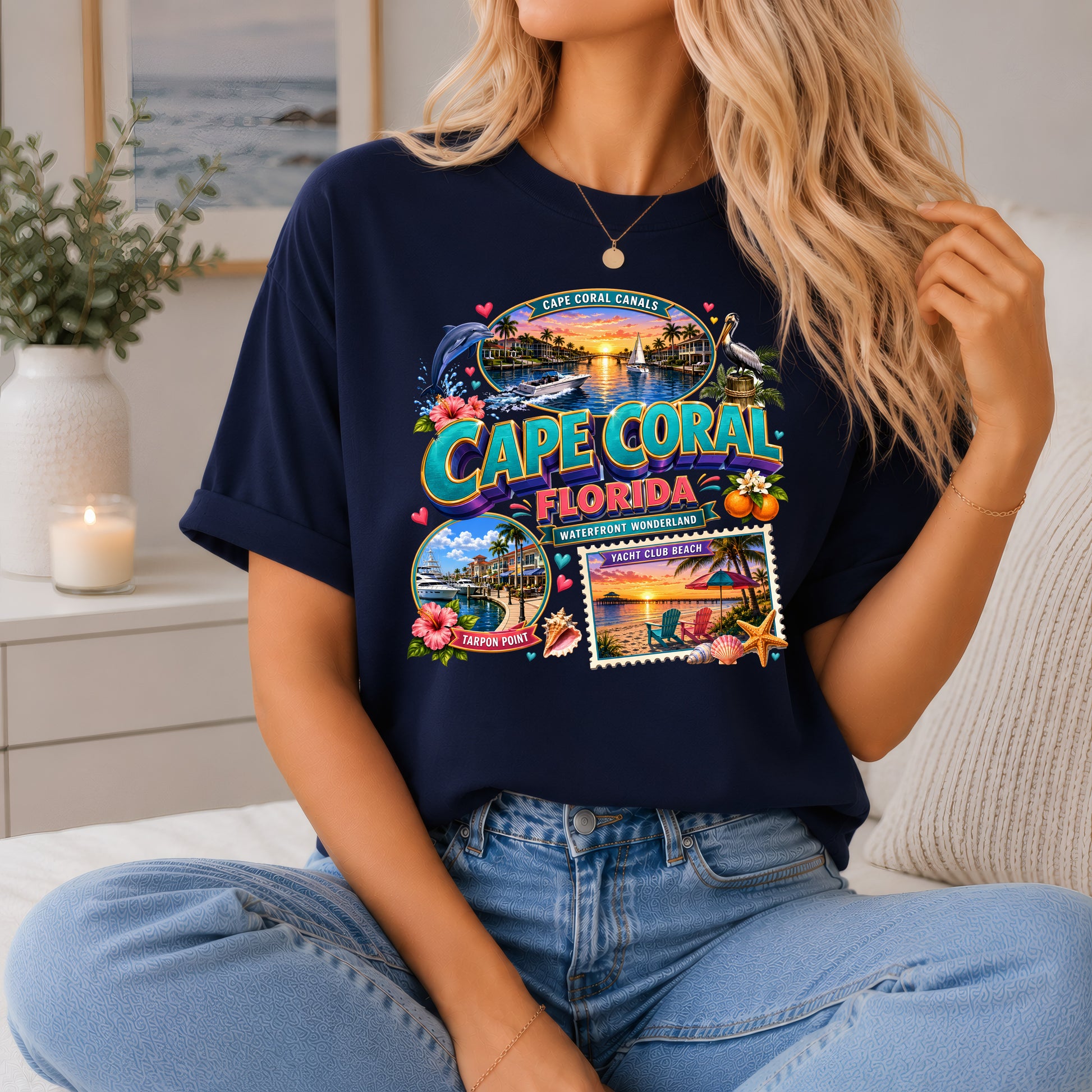 Unisex Cape Coral Waterfront Wonder T-shirt featuring Florida beach and nautical design, showcasing a vibrant, casual style.