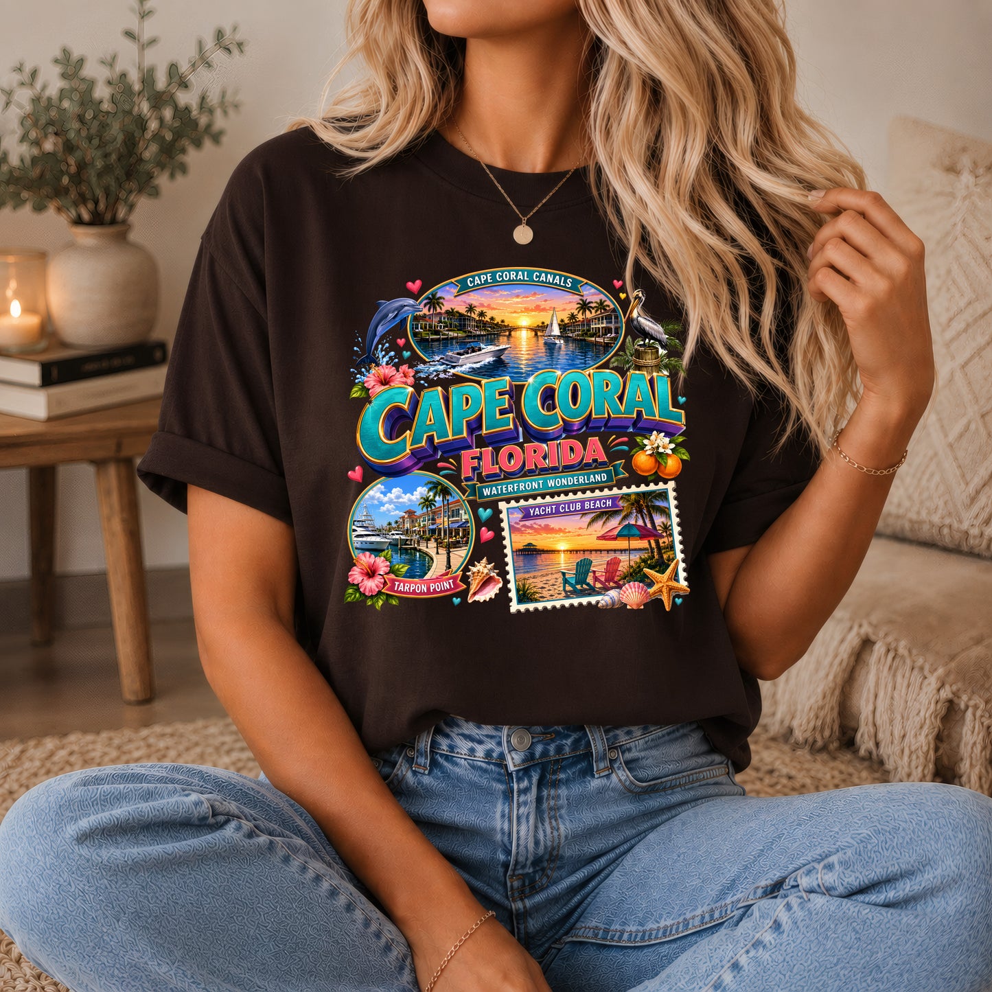 Cape Coral Waterfront Wonder T-shirt by Printify featuring a Florida beach and nautical design, unisex short-sleeve tee.