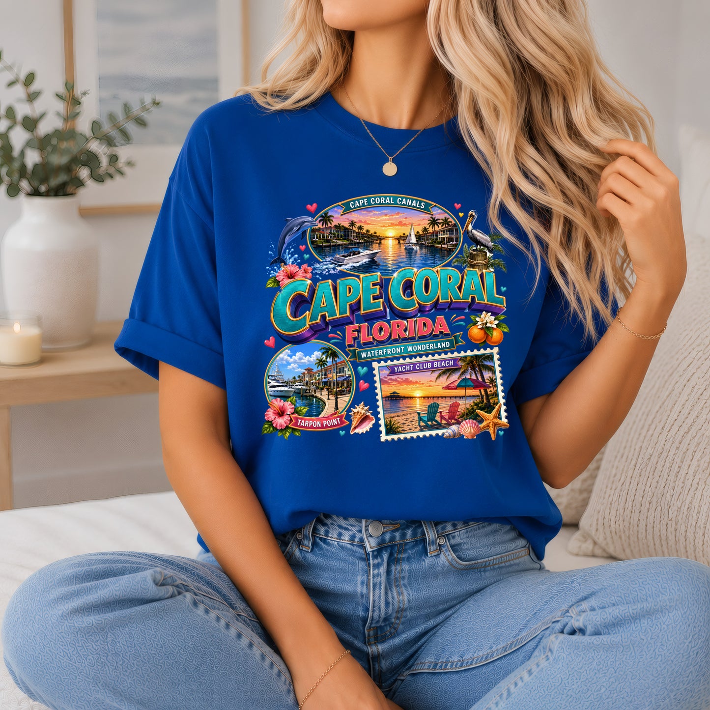 Unisex Cape Coral Waterfront Wonder T-shirt featuring a Florida beach vacation nautical design by Printify