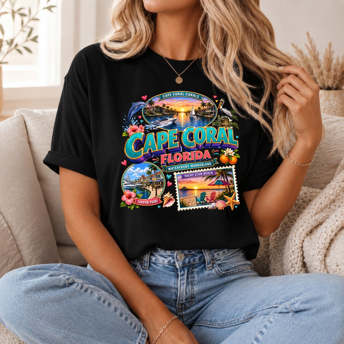 Unisex Cape Coral Waterfront Wonder Florida beach vacation T-shirt with nautical design, ideal for beach and vacation wear.