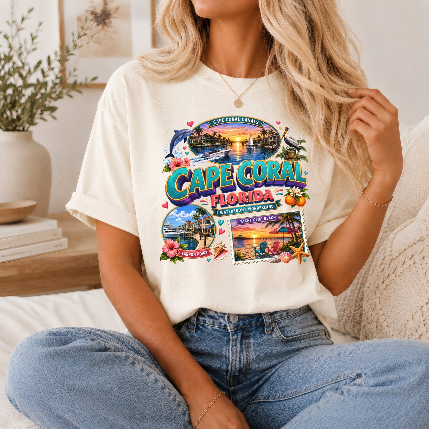 Unisex Cape Coral Waterfront Wonder T-shirt featuring Florida beach and nautical design, ideal for vacation or casual wear.