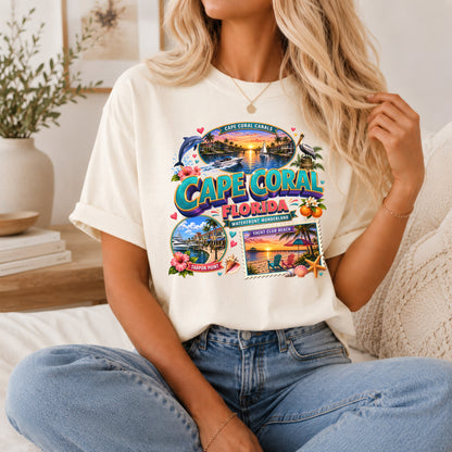 Unisex Cape Coral Waterfront Wonder T-shirt featuring Florida beach and nautical design, ideal for vacation or casual wear.