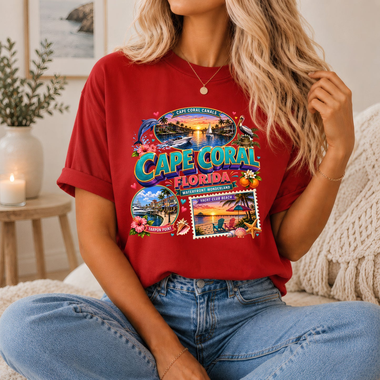 Cape Coral Waterfront Wonder T-shirt, Florida beach vacation nautical unisex tee featuring scenic waterfront and beach imagery.
