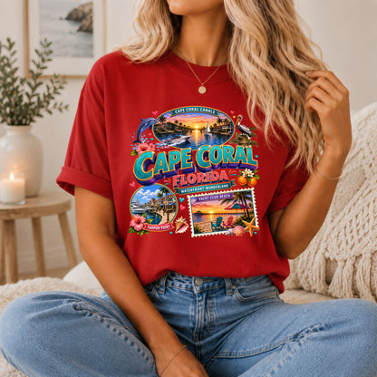 Cape Coral Waterfront Wonder T-shirt, Florida beach vacation nautical unisex tee featuring scenic waterfront and beach imagery.