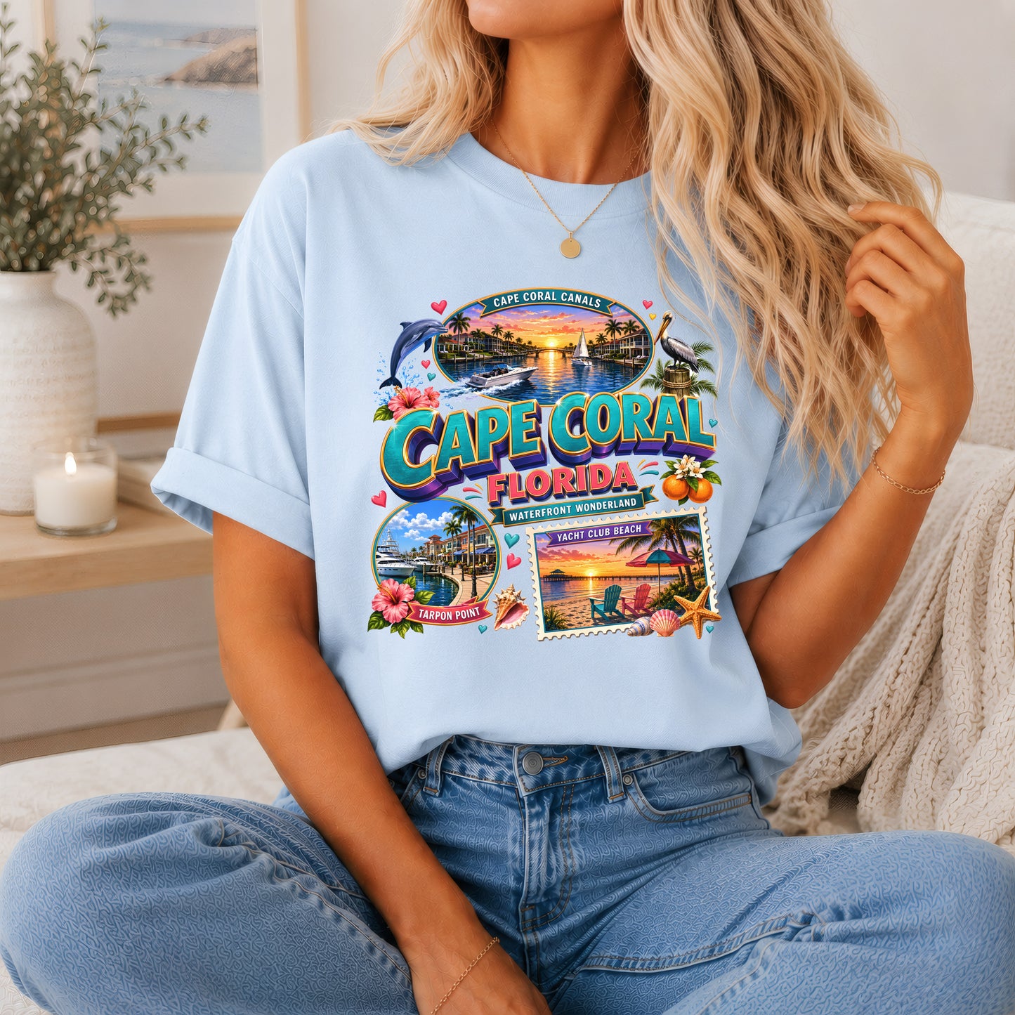 Cape Coral Waterfront Wonder T-shirt featuring Florida beach and nautical design, unisex cotton shirt with vibrant seaside artwork.