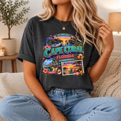 Cape Coral Waterfront Wonder T-shirt featuring a Florida beach and nautical design, unisex cotton shirt with vibrant coastal imagery.