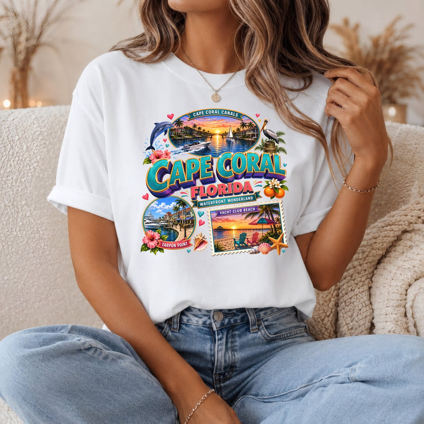 Unisex Cape Coral Waterfront Wonder T-shirt featuring a Florida beach scene, nautical design, perfect for a beach vacation look.