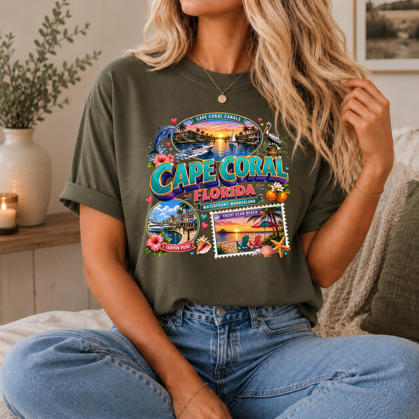 Unisex Cape Coral Waterfront Wonder Florida Beach Vacation T-shirt with nautical design, casual cotton shirt for beach lovers.