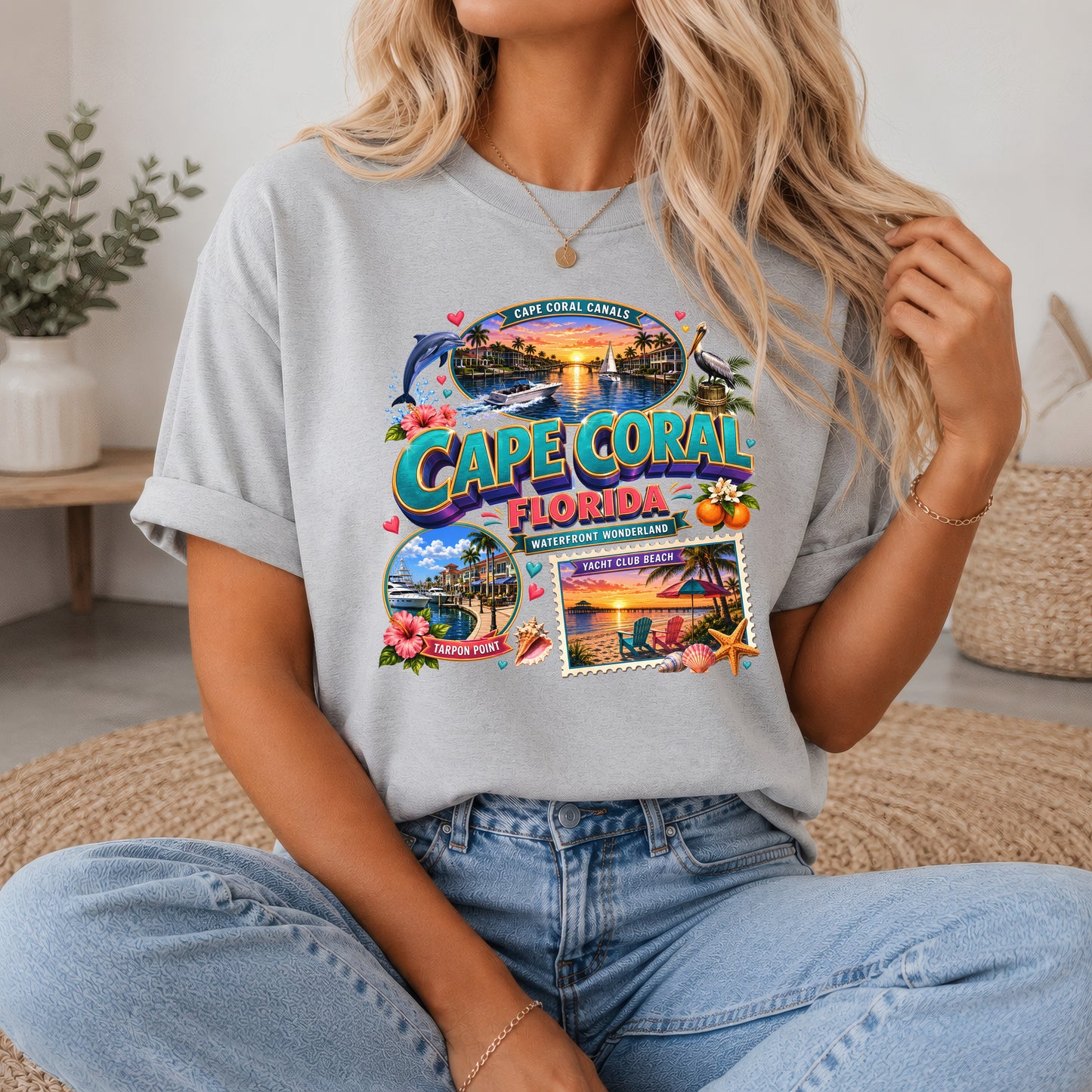 Unisex Cape Coral Waterfront Wonder T-shirt featuring Florida beach and nautical design, ideal for beach vacation or nautical style.