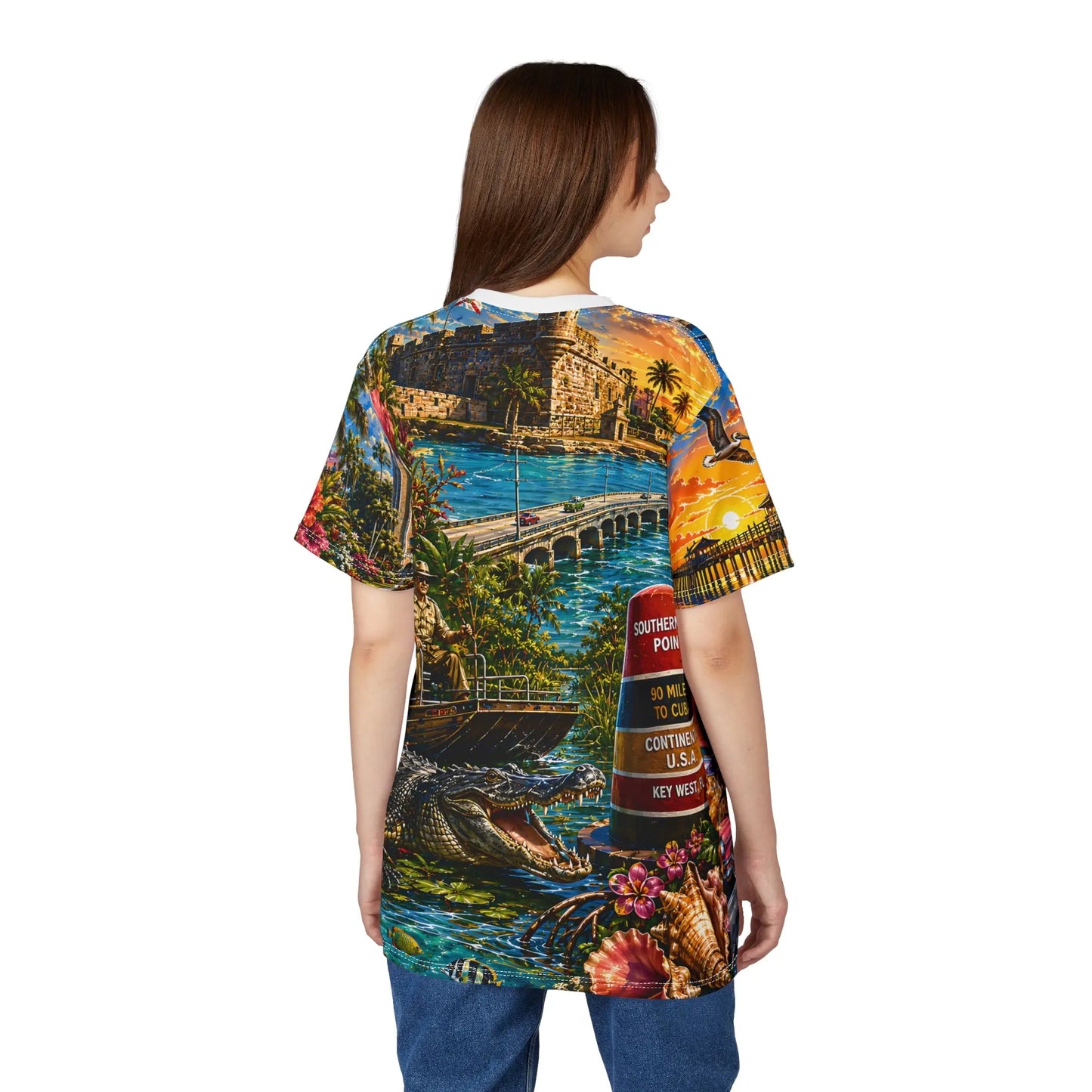 Woman modeling the back of the Florida all-over-print tee with beach and alligator scene