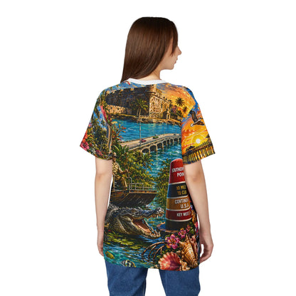 Woman modeling the back of the Florida all-over-print tee with beach and alligator scene