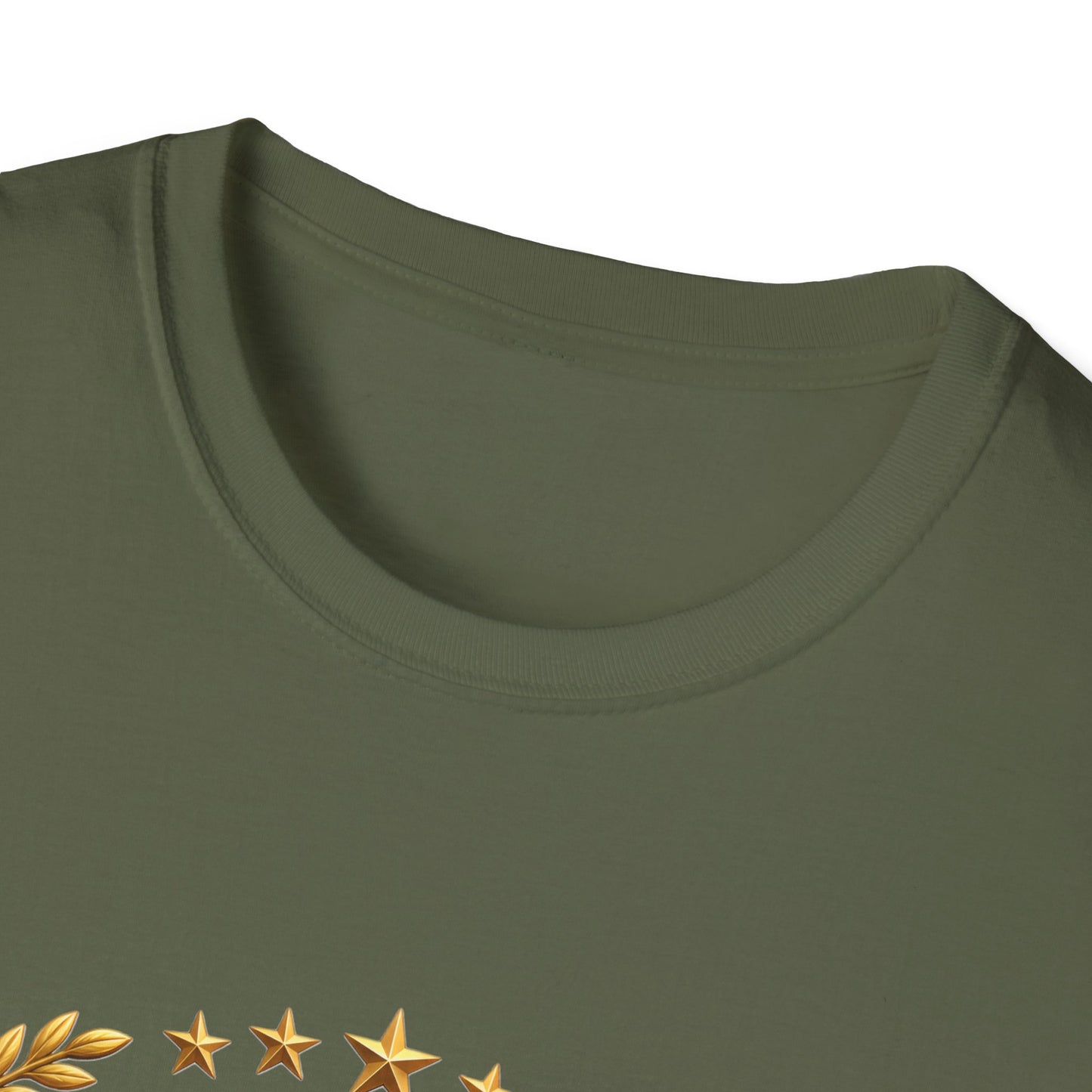250th Anniversary USA gold eagle crest design on an army-green t-shirt, close-up of the collar and printed detail
