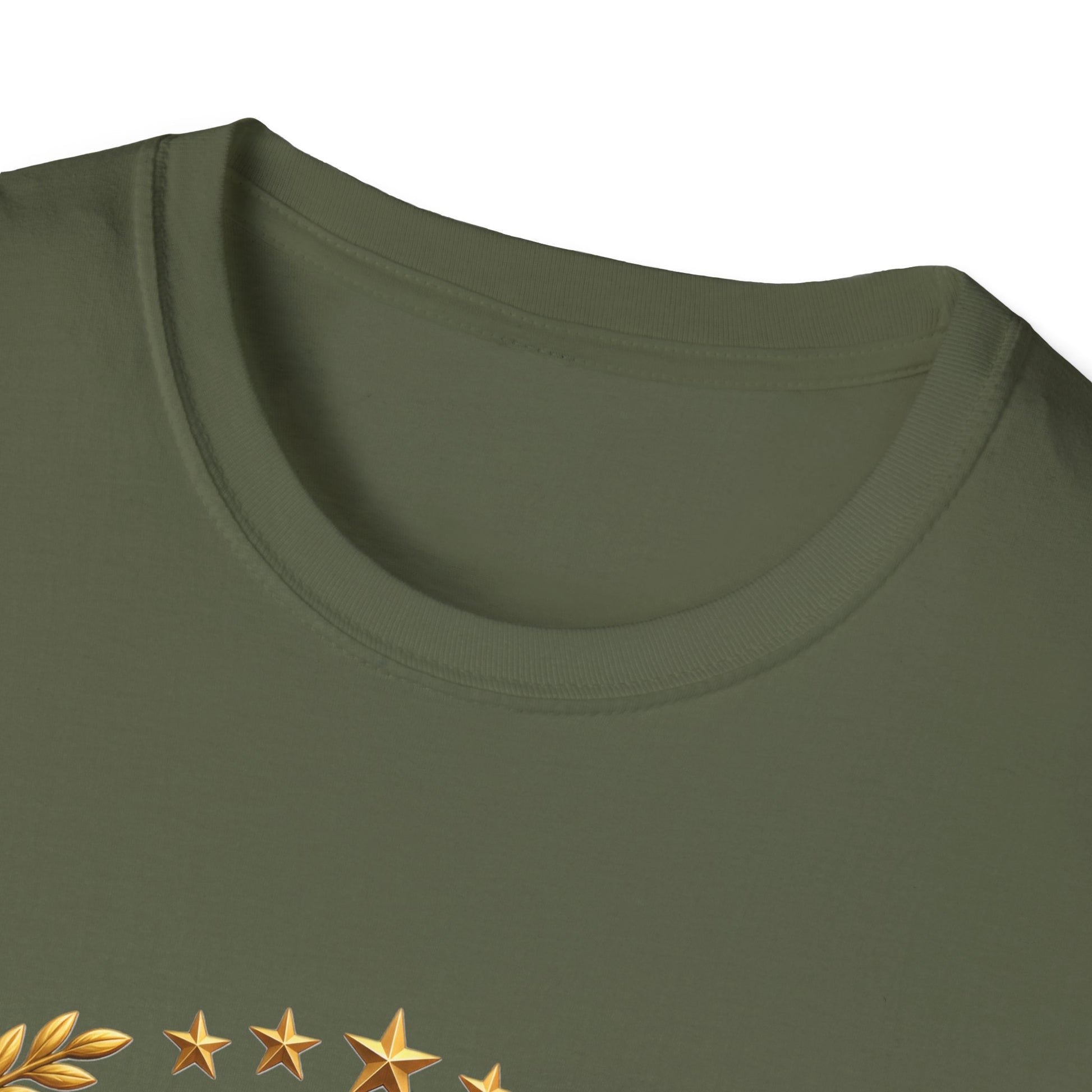 250th Anniversary USA gold eagle crest design on an army-green t-shirt, close-up of the collar and printed detail