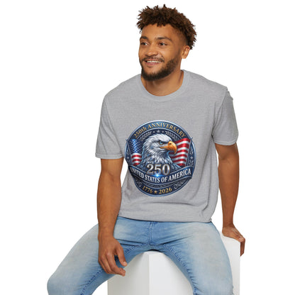 USA Eagle 250th Anniversary T-Shirt featuring patriotic design for America's bicentennial celebration, printed by Printify.