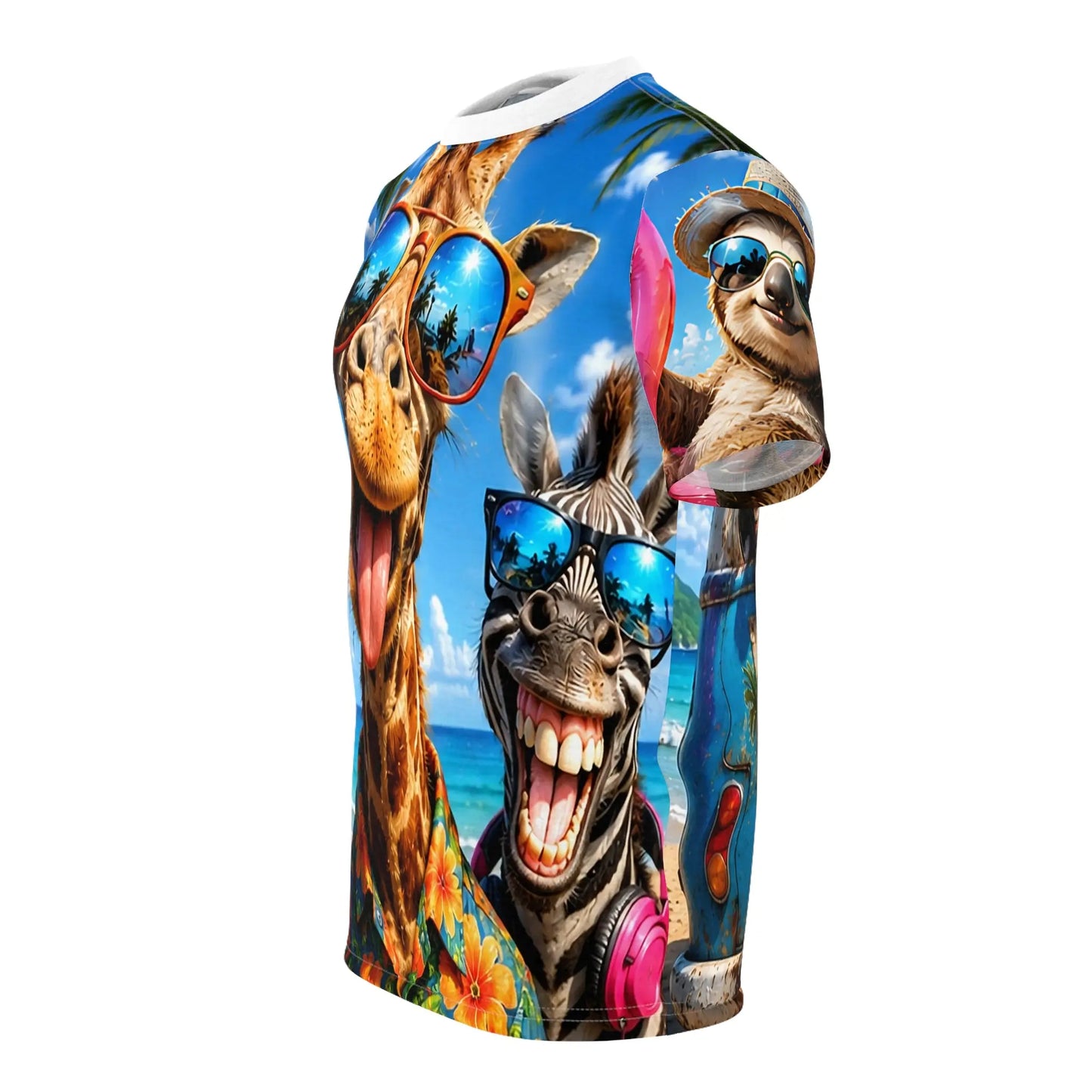 All-over print Funny Summer Animal Beach T-Shirt featuring giraffe and friends with sunglasses design, by Printify.