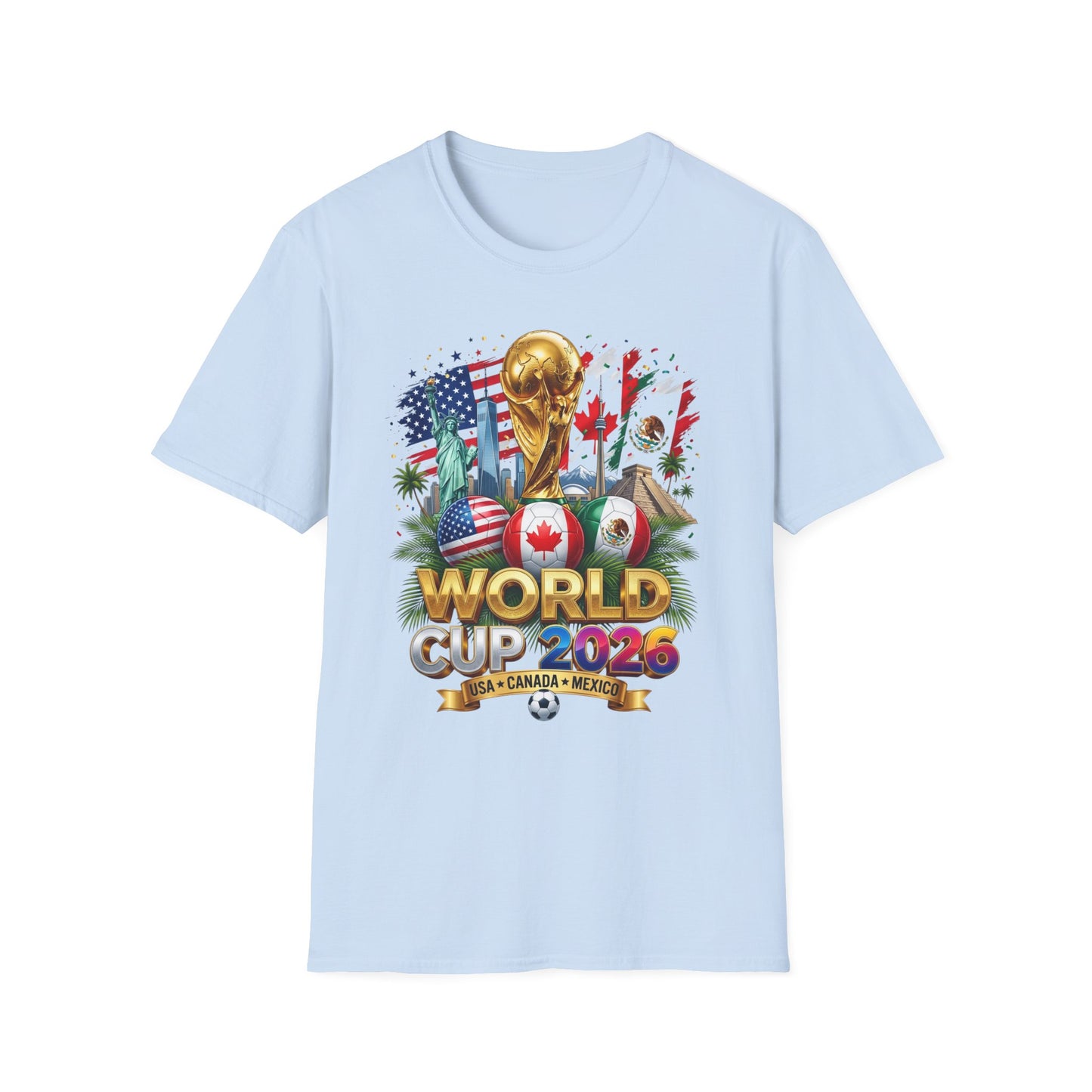 T-Shirt — World Cup 2026 Trophy Design with USA, Canada & Mexico Flags